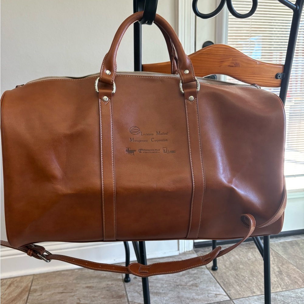 Barrington cognac brown  customized duffle bag with strap 24 inches Excellent